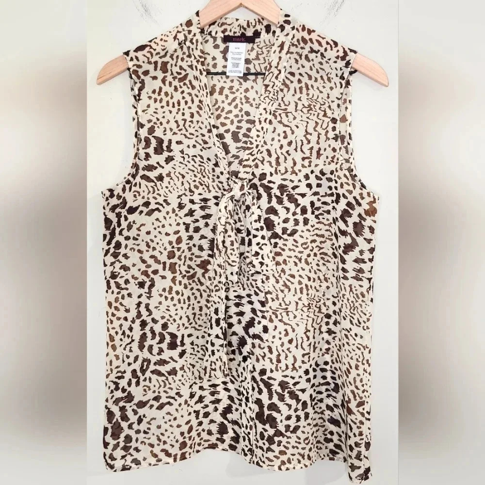 Mark. Womens Bow Tie Top Size M Brown Animal‎ Print Sheer Mobwife Career